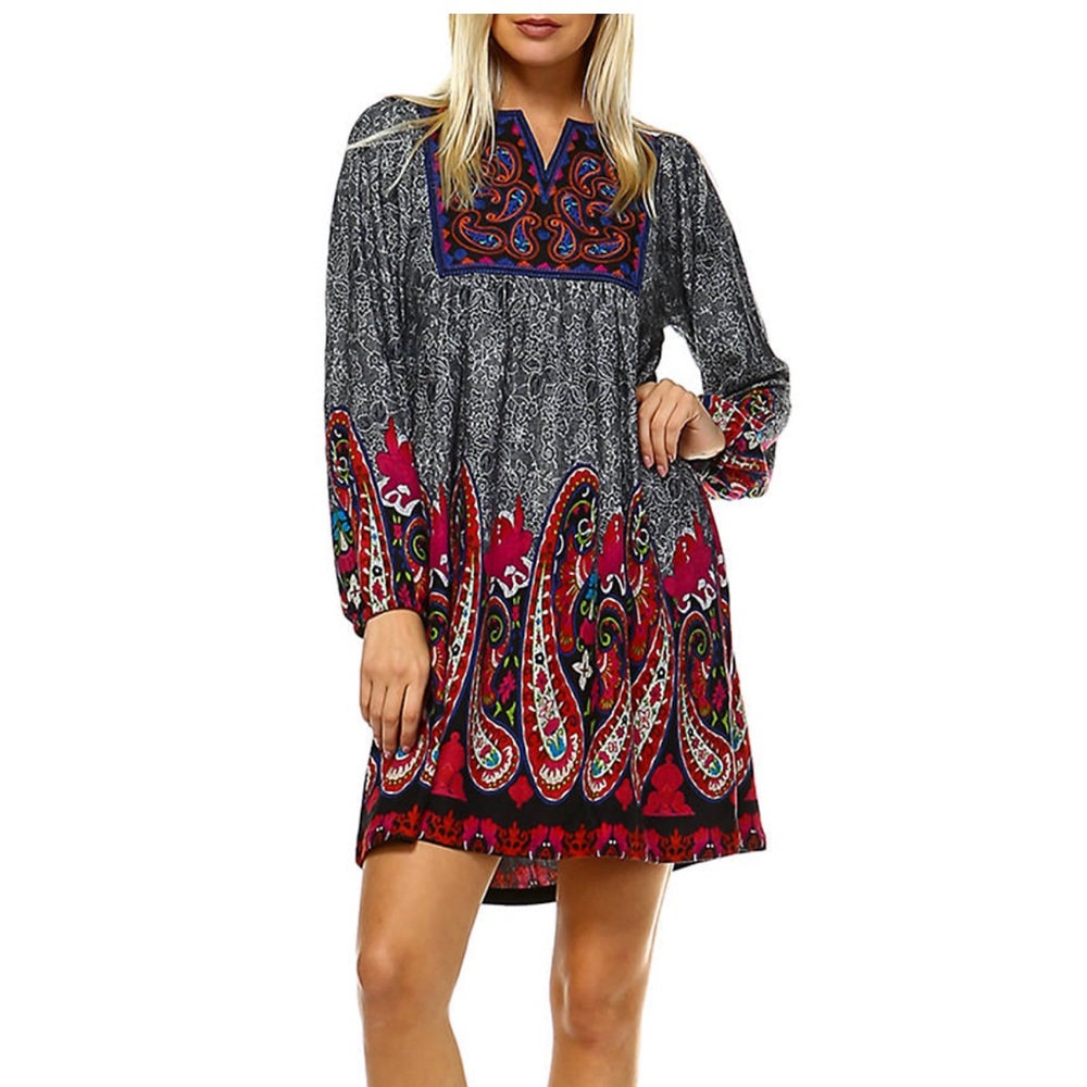 White Mark Boho Paisley Print Knit Long Sleeve Peasant Dress M